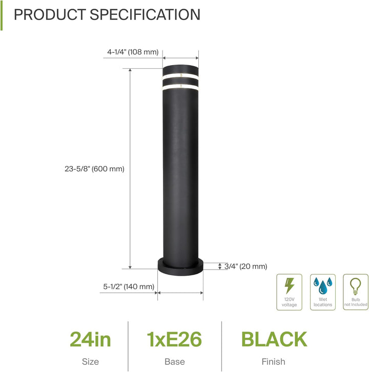 BPLA09 24" 120V Line Voltage E26 Socket Black Aluminum Round Bollard Path Light Outdoor Lighting