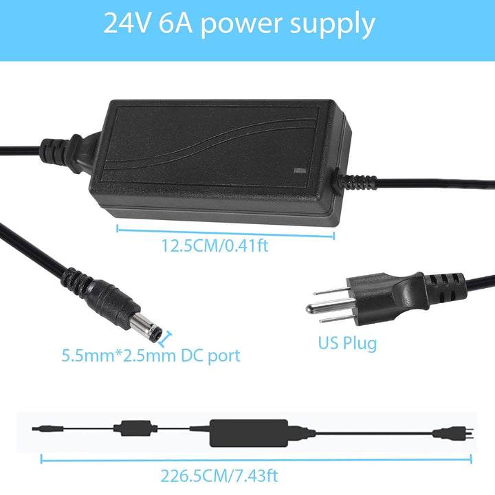 LED Strip Lights 24V 6A 144W Power Supply, LED Strip Adapter, 100-240V AC to 24V DC Transformer with DC Output Jack for Neon Rope Light Compatible with 5.5mmx2.5mm, LED Light