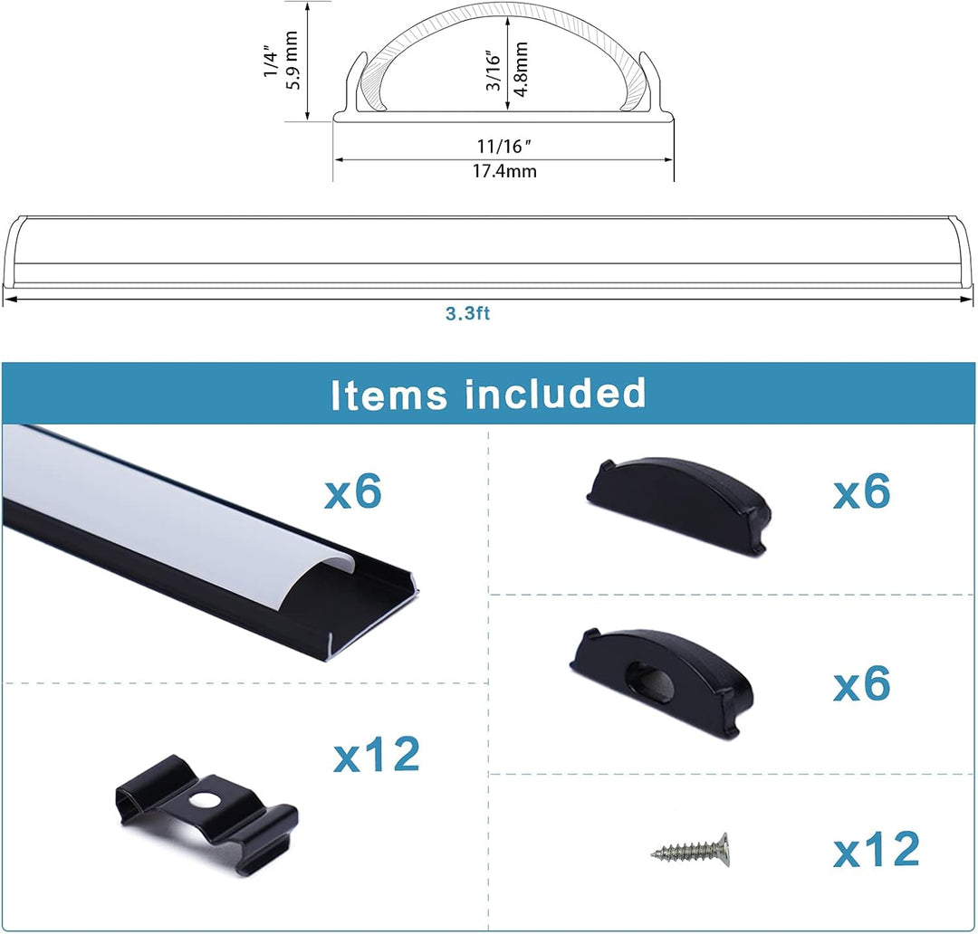 AC12 U-Shaped Rectangular Flexible Black and Silver Finish Aluminum Channel with Frosted Plastic Cover 3.3FT/1M For Max 12mm Width LED Strip Lights Pack of 6/10/20