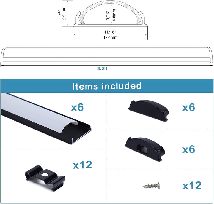 AC12 U-Shaped Rectangular Flexible Black and Silver Finish Aluminum Channel with Frosted Plastic Cover 3.3FT/1M For Max 12mm Width LED Strip Lights Pack of 6/10/20