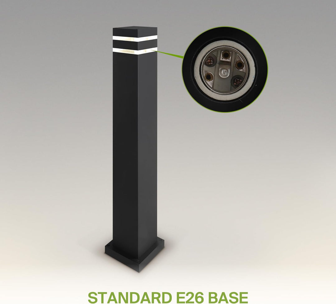 BPLA10 24" 120V Line Voltage E26 Socket Black Aluminum Square Bollard Path Light Outdoor Lighting
