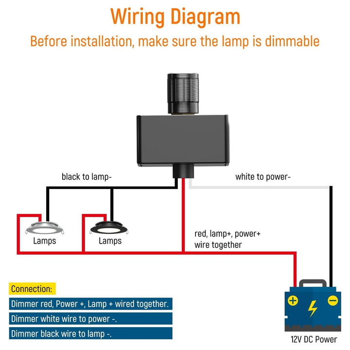 12/24 Volt LED Low Voltage Dimmer Switch 15A (12V) and 7.5A (24V) 180W MAX, Push On Off, Rotary Knob Dimming