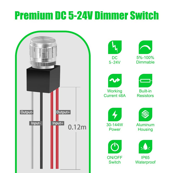 5V to 24V 6A Low Voltage LED Dimmer Switch - Rotary Knob PWM Dimming for Strip & Landscape Lights