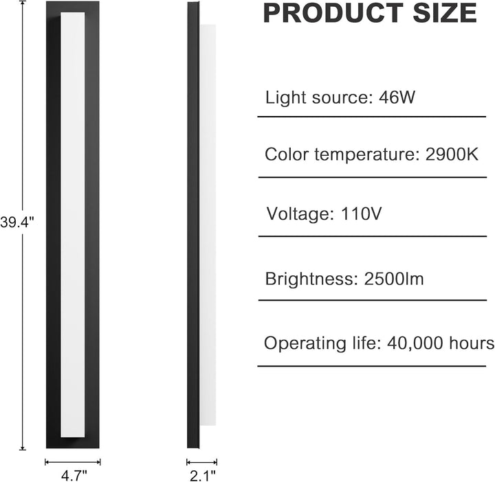 Outdoor Landscape Lighting LED 12V Low Voltage SCH17 1-Pack LED 39.4 Inch Rectangular Modern Outdoor Wall Sconce Light 2500LM, 2900K Aluminum and Acrylic Integrated LED 46W Line Voltage 110V AC IP65