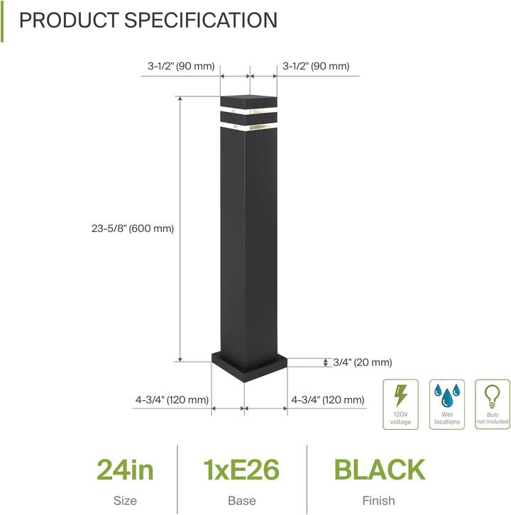 BPLA10 24" 120V Line Voltage E26 Socket Black Aluminum Square Bollard Path Light Outdoor Lighting