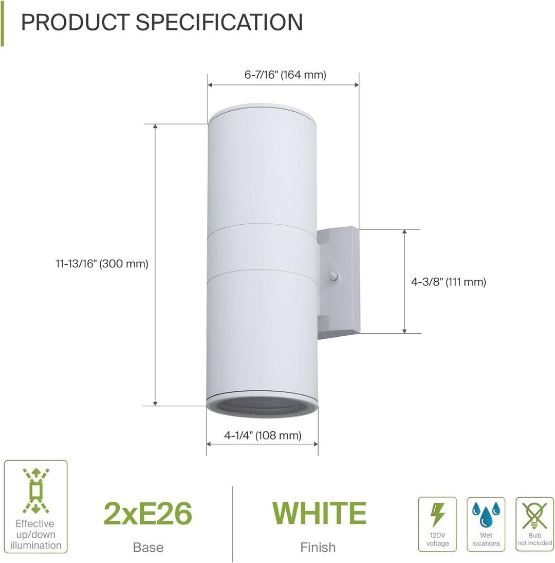 SCSH02 120V Line Voltage LED Aluminum Cylinder Up Down Light 2 Directional Sconce Lighting Medium Base Sockets