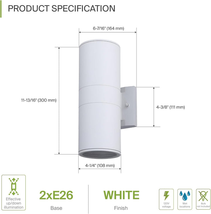 SCSH02 120V Line Voltage LED Aluminum Cylinder Up Down Light 2 Directional Sconce Lighting Medium Base Sockets