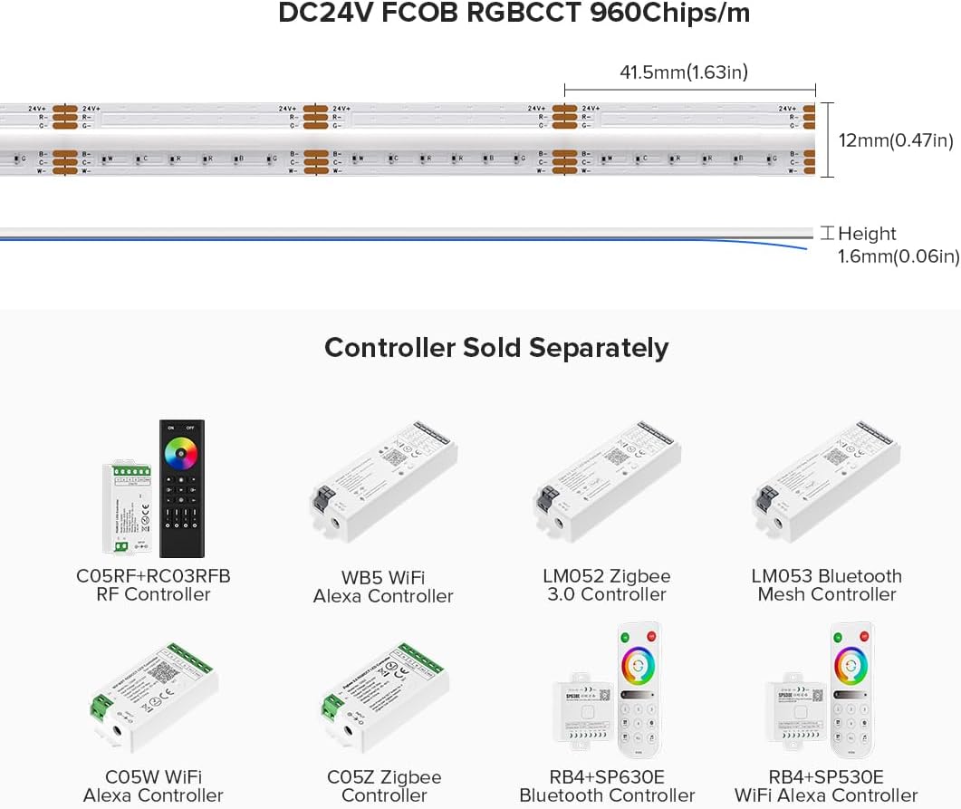 SLD19 Dotless Linear LED RGB+CCT 3000K-6000K COB 2.07W/ft Strip Lights IP30 Low Voltage 12mm DC24V Tape Light with Power Adapter Kit Available