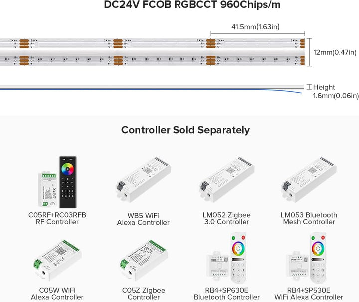 SLD19 Dotless Linear LED RGB+CCT 3000K-6000K COB 2.07W/ft Strip Lights IP30 Low Voltage 12mm DC24V Tape Light with Power Adapter Kit Available
