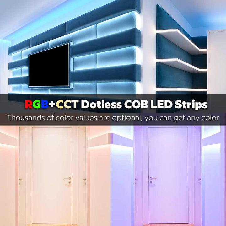 SLD09 Dotless Linear LED RGB CCT Color Changing and Tunable White 16.4ft (5M) 5.5W/ft COB Strip Lights IP20/IP67 Low Voltage 12mm DC24V Tape Light