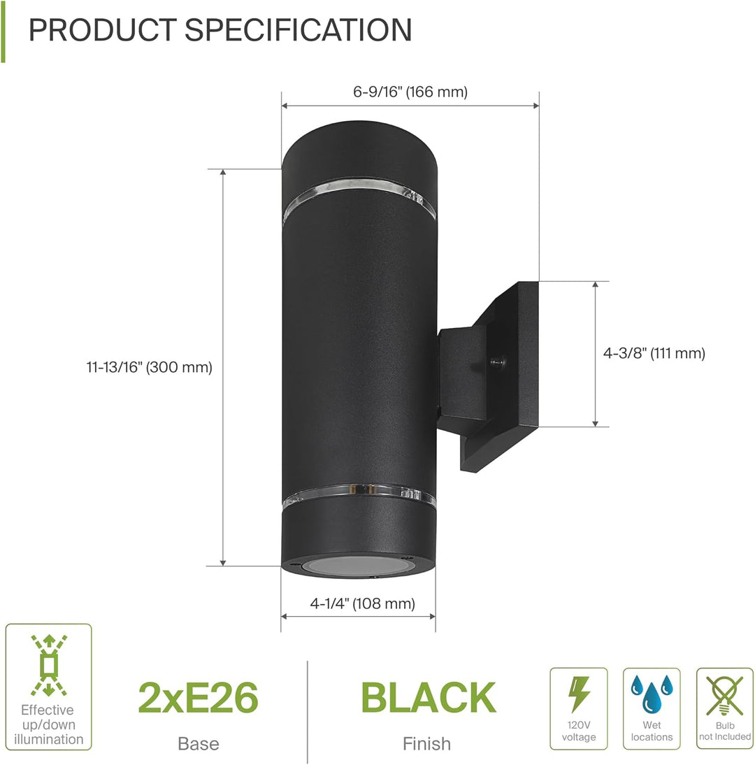 SCSH02 120V Line Voltage LED Aluminum Cylinder Up Down Light 2 Directional Sconce Lighting Medium Base Sockets
