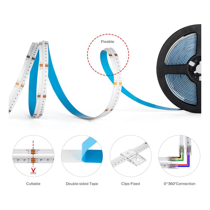 SLD09 Dotless Linear LED RGB CCT Color Changing and Tunable White 16.4ft (5M) 5.5W/ft COB Strip Lights IP20/IP67 Low Voltage 12mm DC24V Tape Light