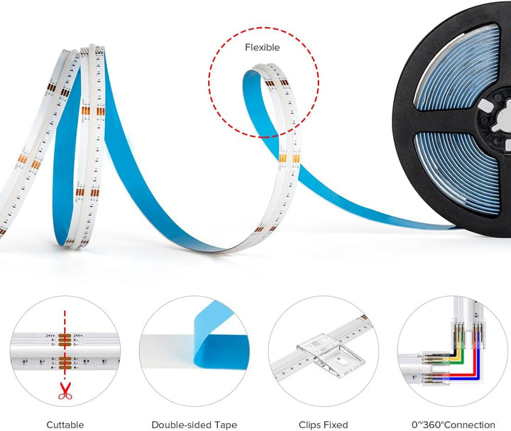 SLD19 Dotless Linear LED RGB+CCT 3000K-6000K COB 2.07W/ft Strip Lights IP30 Low Voltage 12mm DC24V Tape Light with Power Adapter Kit Available