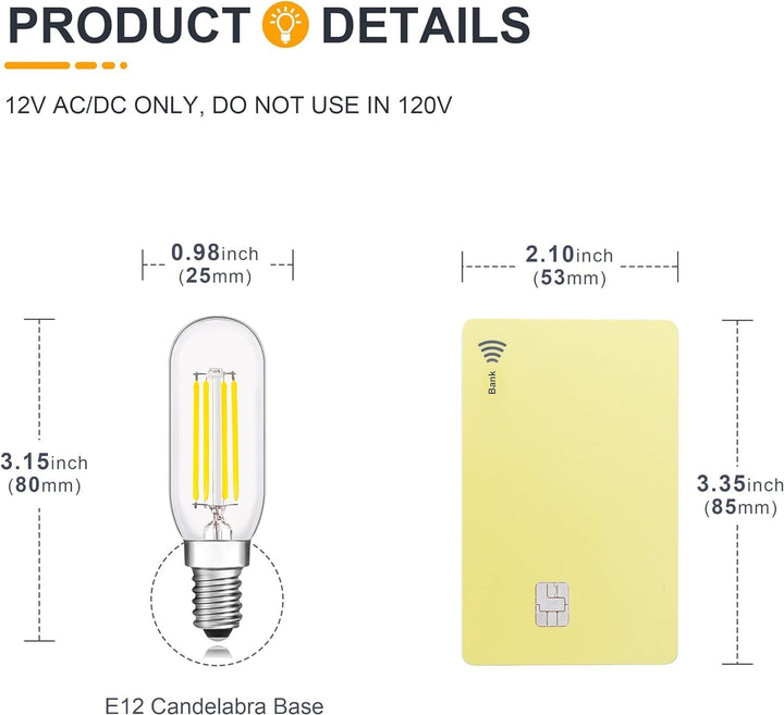 E12 4W Filament 12V AC/DC Candelabra and Small Base Package Low Voltage LED Light Bulbs Dimmable Energy Saving Light Bulb