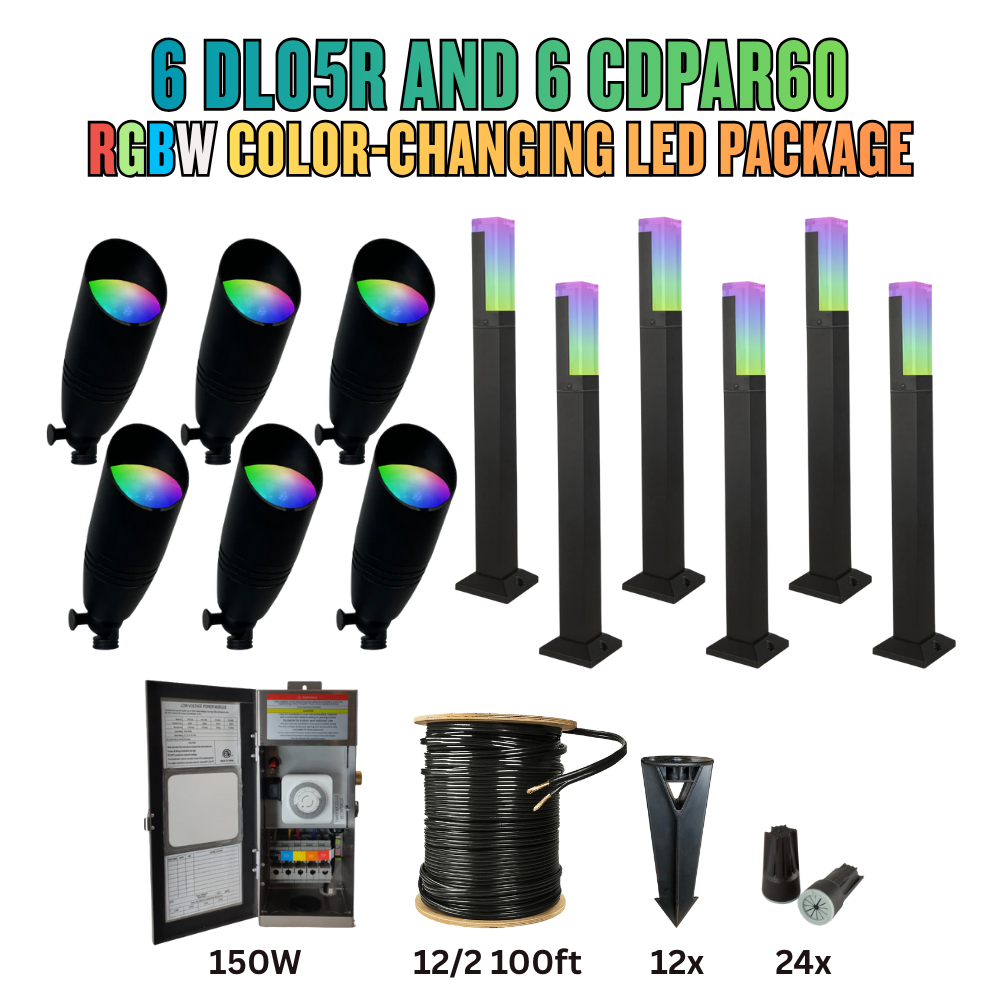 RGBW Color Changing LED Holiday Package: (6) Spotlight and (6) Path Lights with Wires and Connectors