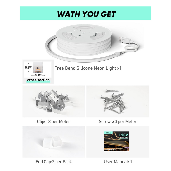 SLN14 Dotless Neon LED Strip Light 120V 3W/ft 120LEDs/M Free Bend IP65 Outdoor Rated High Voltage Soft Silicone Strip Light with Aluminum Clamps, Screws, End Cap and Power Cable