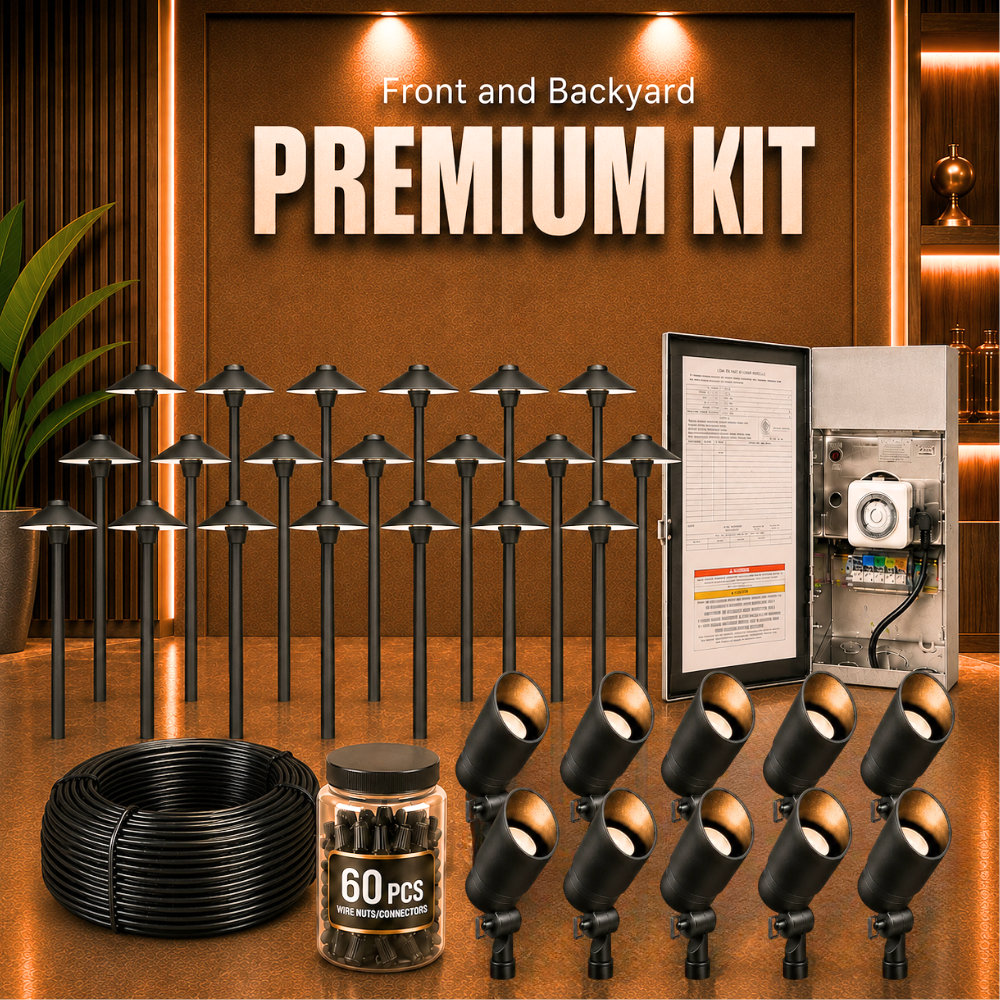Outdoor Landscape Lighting LED 12V Low Voltage Complete Aluminum Landscape Lighting Kit: Spotlights, Path Lights, Transformer, Wire & All Required Components Premium Kit: (10) DL01 Spotlight | (20) DL03 Path Light