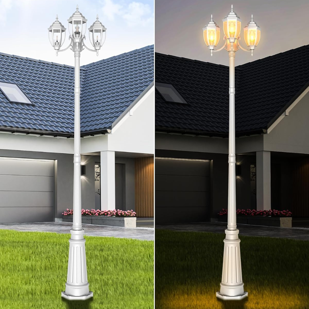 PLH02 Classic Black or White Aluminum 3-Head Post Light 92.5" Pole with Glass Panels 3 E26 Base Medium Base Socket 120V with for Garden, Exterior Lighting