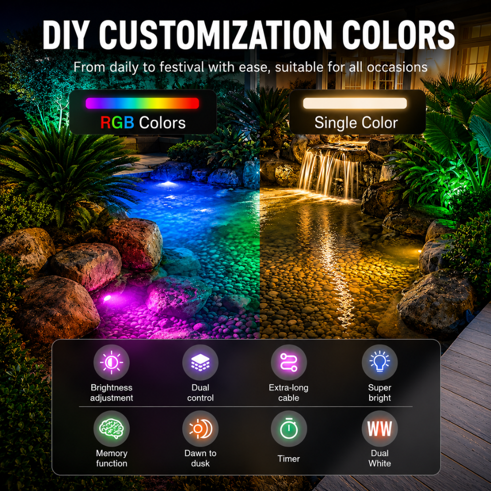 Outdoor Landscape Lighting LED 12V Low Voltage ULBA05 Aluminum Underwater Landscape 12-24V AC/DC 3W RGB+Warm White Integrated Color-changing Fountain Light Pond Lighting IP68 with Remote Control and Transformer Included