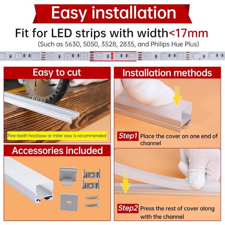 AC15 Spotless Aluminum Channel with Hanging Wire 3.3FT/1M For Max 17mm Width LED Strip Lights Pack of 5 and 10