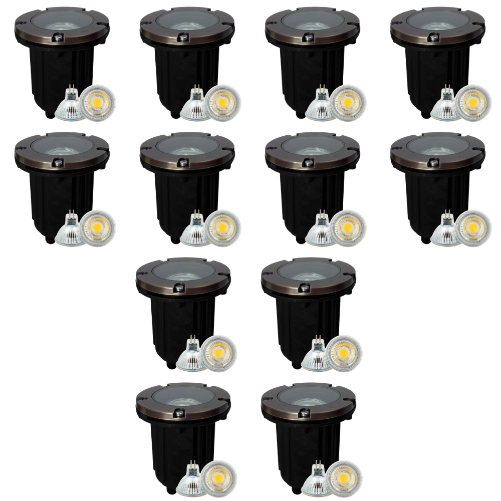 Outdoor Landscape Lighting LED 12V Low Voltage UNB04 4x/8x/12x Package Cast Brass 12V Low Voltage Round LED In-Ground Well Light IP65 Waterproof with 3W 3000K Bulb Natural Brass 12 Pack
