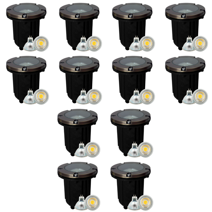 Outdoor Landscape Lighting LED 12V Low Voltage UNB04 4x/8x/12x Package Cast Brass 12V Low Voltage Round LED In-Ground Well Light IP65 Waterproof with 3W 3000K Bulb Natural Brass 12 Pack