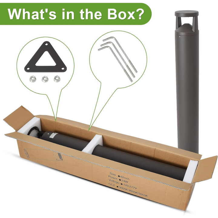 BPLA08 42" 24W 120V 3CCT 3000K/4000K/5000K Black Aluminum Round-Top Bollard Light Line Voltage Commercial Bollard Path Light Outdoor Lighting