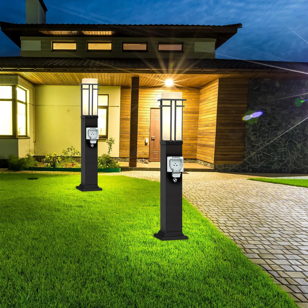 Outdoor Landscape Lighting LED 12V Low Voltage CPLA10 Outdoor Aluminum Post Mounted Lantern Light with 40" Post and Built-in GFCI Outlet, Mount Base E26 Socket Line Voltage 120V AC IP65 Waterproof