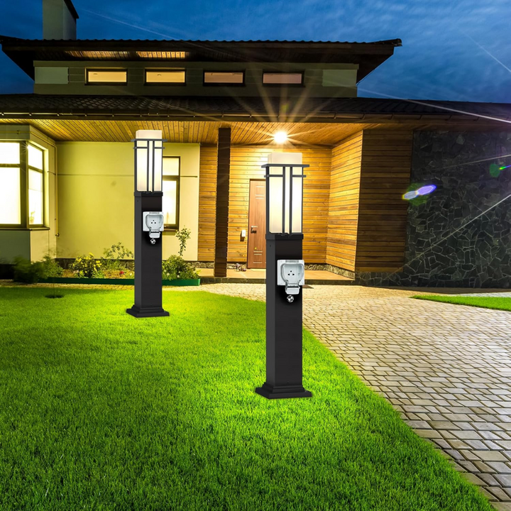 Outdoor Landscape Lighting LED 12V Low Voltage CPLA10 Outdoor Aluminum Post Mounted Lantern Light with 40" Post and Built-in GFCI Outlet, Mount Base E26 Socket Line Voltage 120V AC IP65 Waterproof