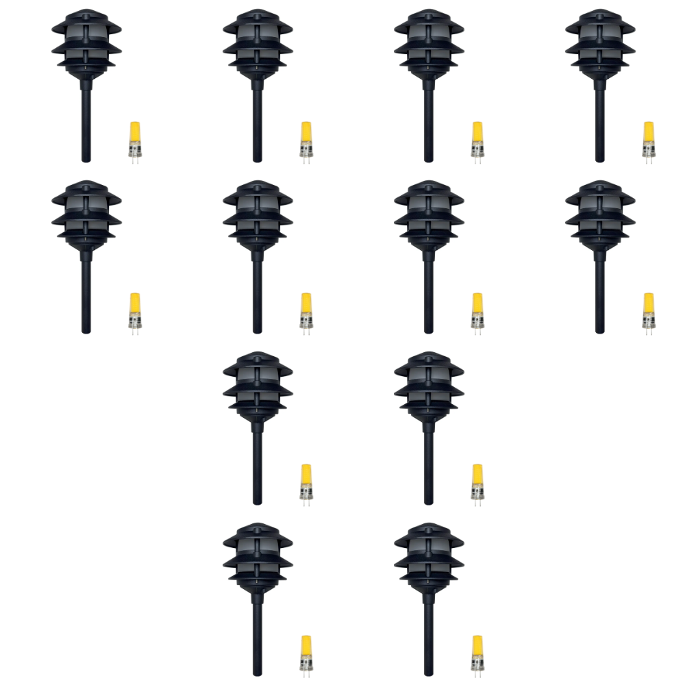 Outdoor Landscape Lighting LED 12V Low Voltage CDPA72 4x/8x/12x Package Black 12V AC/DC Low Voltage Landscape Lighting 3 Tier Aluminum Pagoda Path Light 3W 3000K G4 Bulb 12 Pack Black
