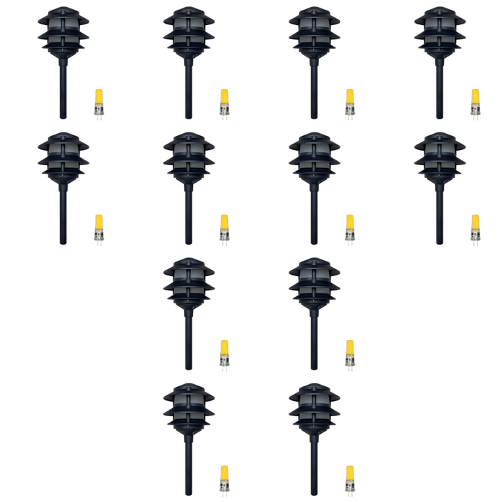 Outdoor Landscape Lighting LED 12V Low Voltage CDPA72 4x/8x/12x Package Black 12V AC/DC Low Voltage Landscape Lighting 3 Tier Aluminum Pagoda Path Light 3W 3000K G4 Bulb 12 Pack Black