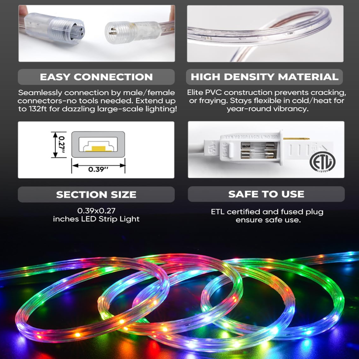 SLNR16 Dotted Neon RGBIC+CCT LED Strip Light 110V IP65 Outdoor Rated Dimmable High Voltage Flat Flexible Strip Light , Mounting Brackets, End Cap, Screws, Remote Control and Power Supply