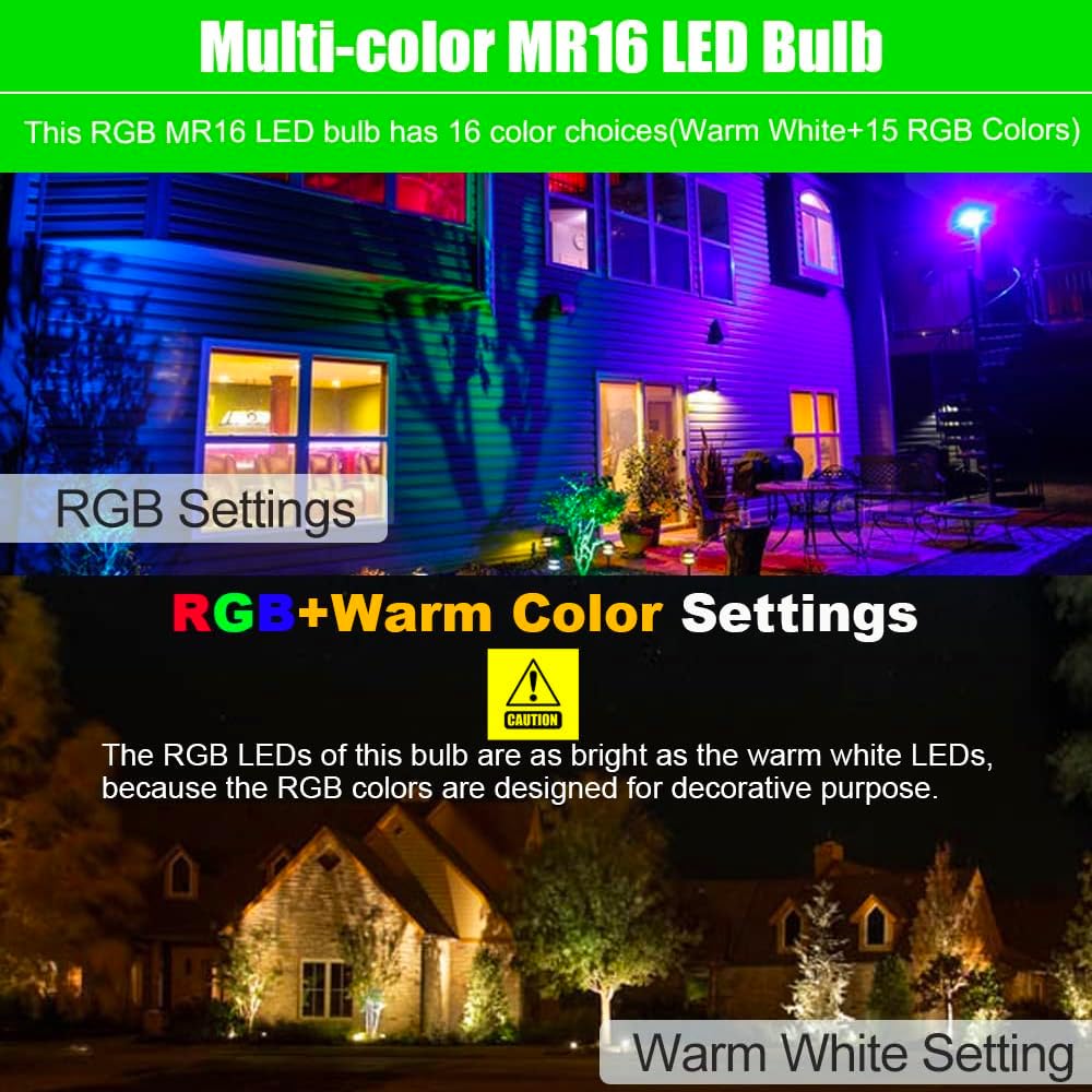 MR16 RGB Warm White + 15 Multicolor and 4-Level Brightness 5W, Energy-Saving, Color-Changing 12V Outdoor LED Light Bulb Compatible with Remote Control