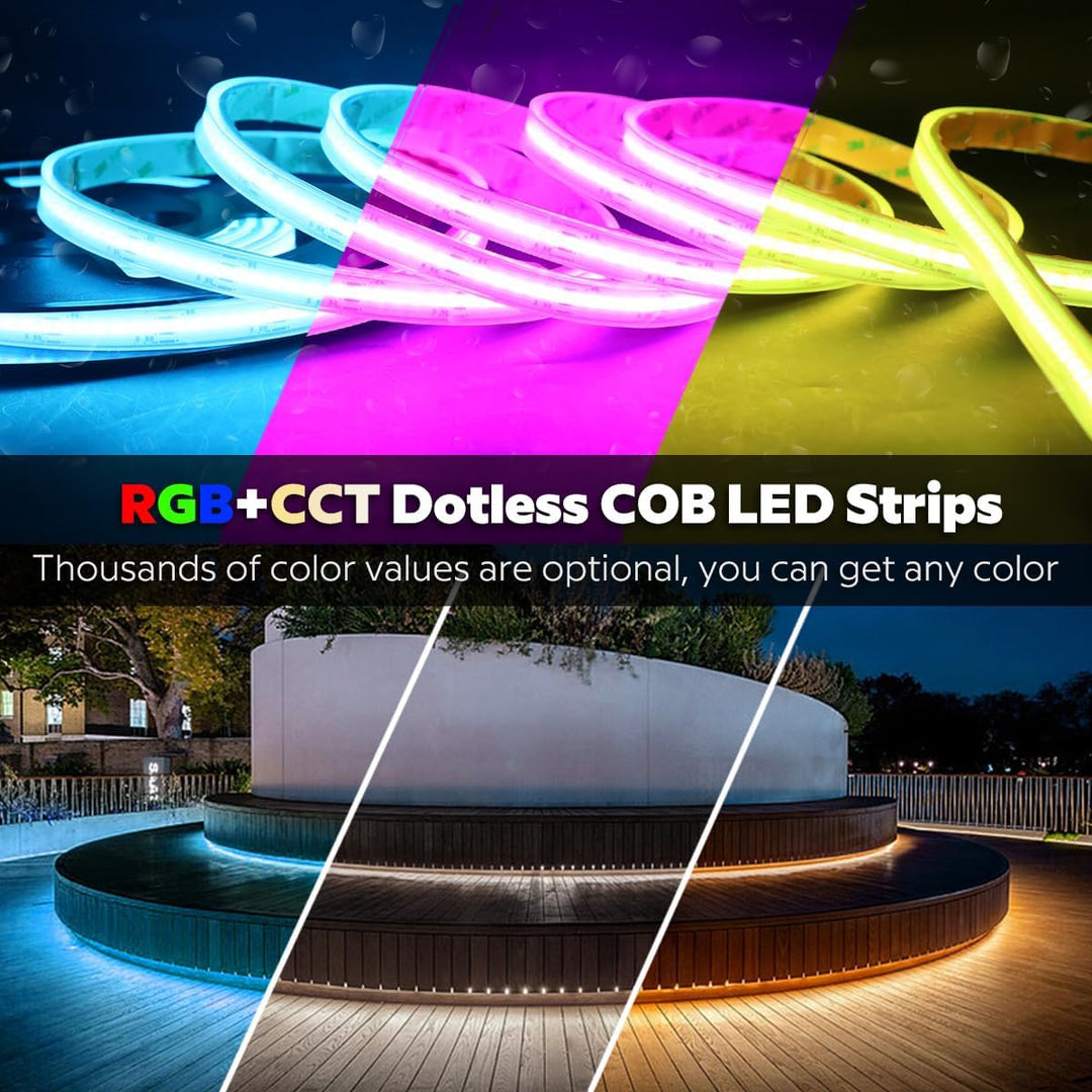 SLD09 Dotless Linear LED RGB CCT Color Changing and Tunable White 16.4ft (5M) 5.5W/ft COB Strip Lights IP20/IP67 Low Voltage 12mm DC24V Tape Light