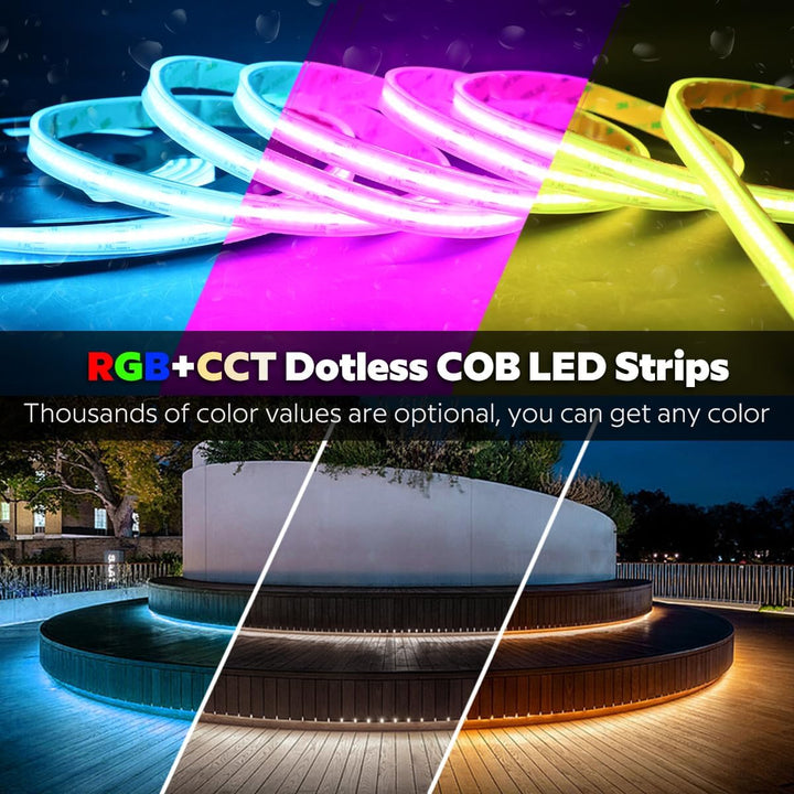 SLD09 Dotless Linear LED RGB CCT Color Changing and Tunable White 16.4ft (5M) 5.5W/ft COB Strip Lights IP20/IP67 Low Voltage 12mm DC24V Tape Light