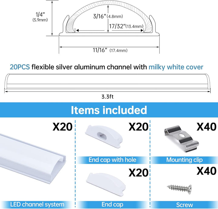 AC12 U-Shaped Rectangular Flexible Black and Silver Finish Aluminum Channel with Frosted Plastic Cover 3.3FT/1M For Max 12mm Width LED Strip Lights Pack of 6/10/20
