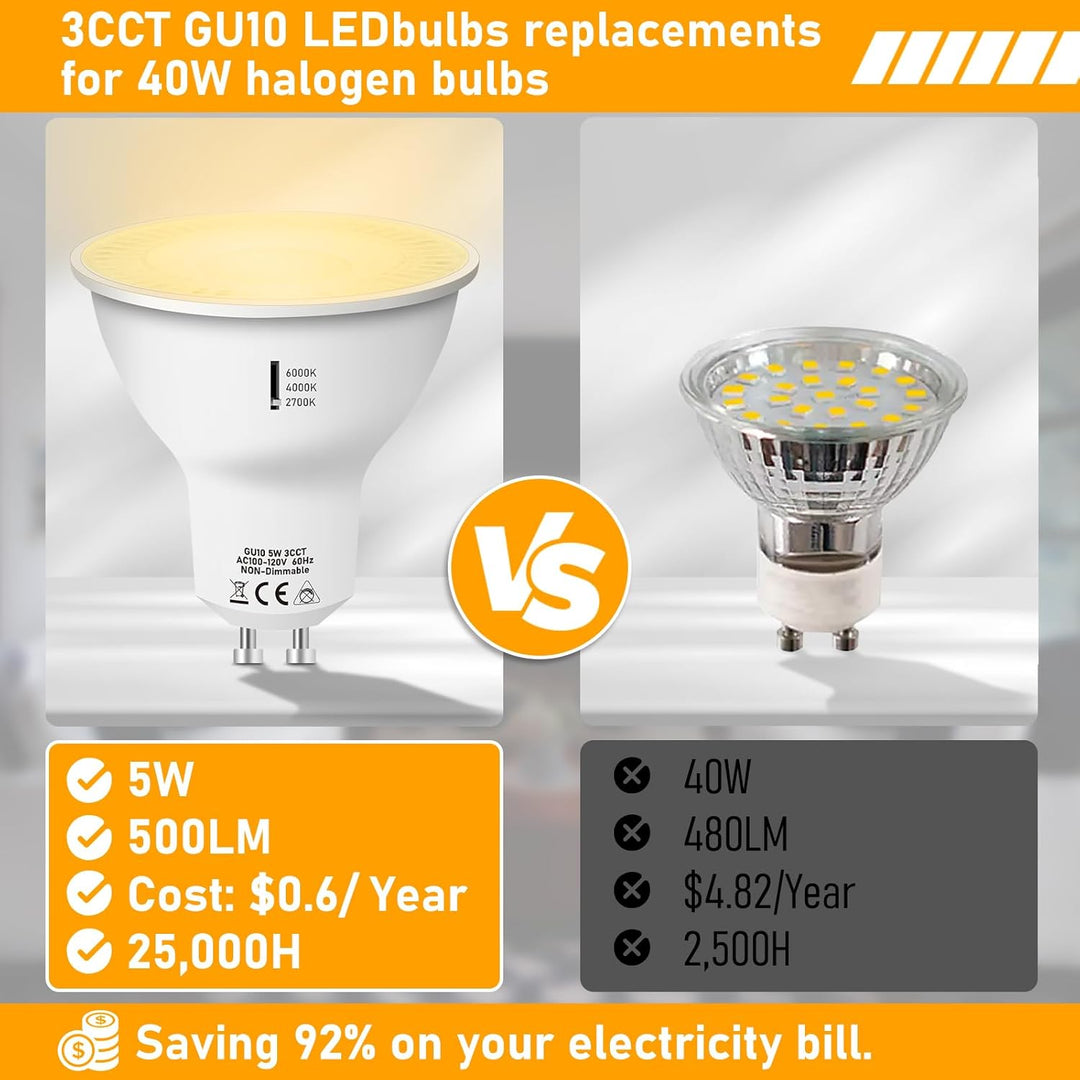 6-Pack MR16 5W 120V GU10 LED Bulbs 500LM 3CCT 2700K/4000K/6000K Non-Dimmable Energy Saving Light 120 Degree Beam Angle Line Voltage