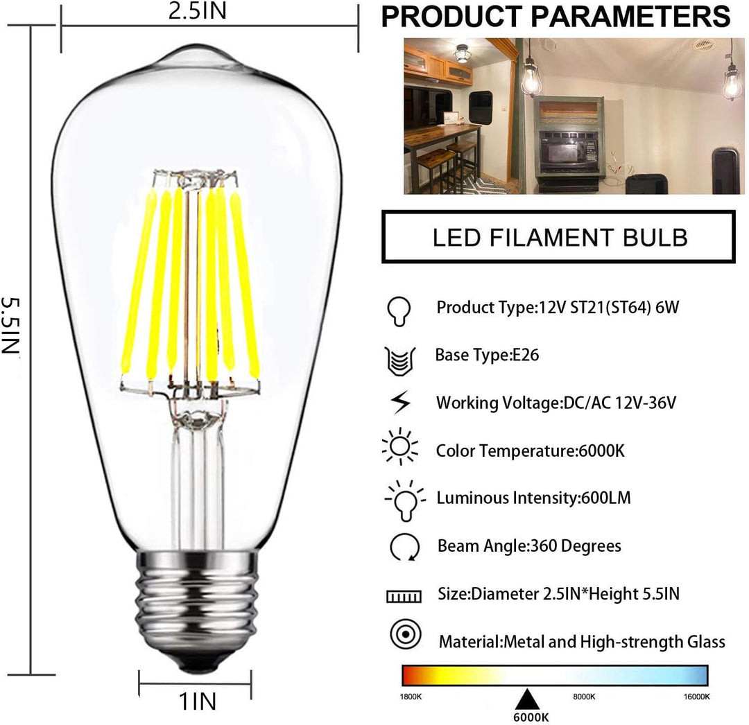 E26 6W 12V-36V 2700K/3000K/6000K AC/DC LED Filament Edison Bulbs Package Dimmable Energy Saving Low Voltage Light Bulb