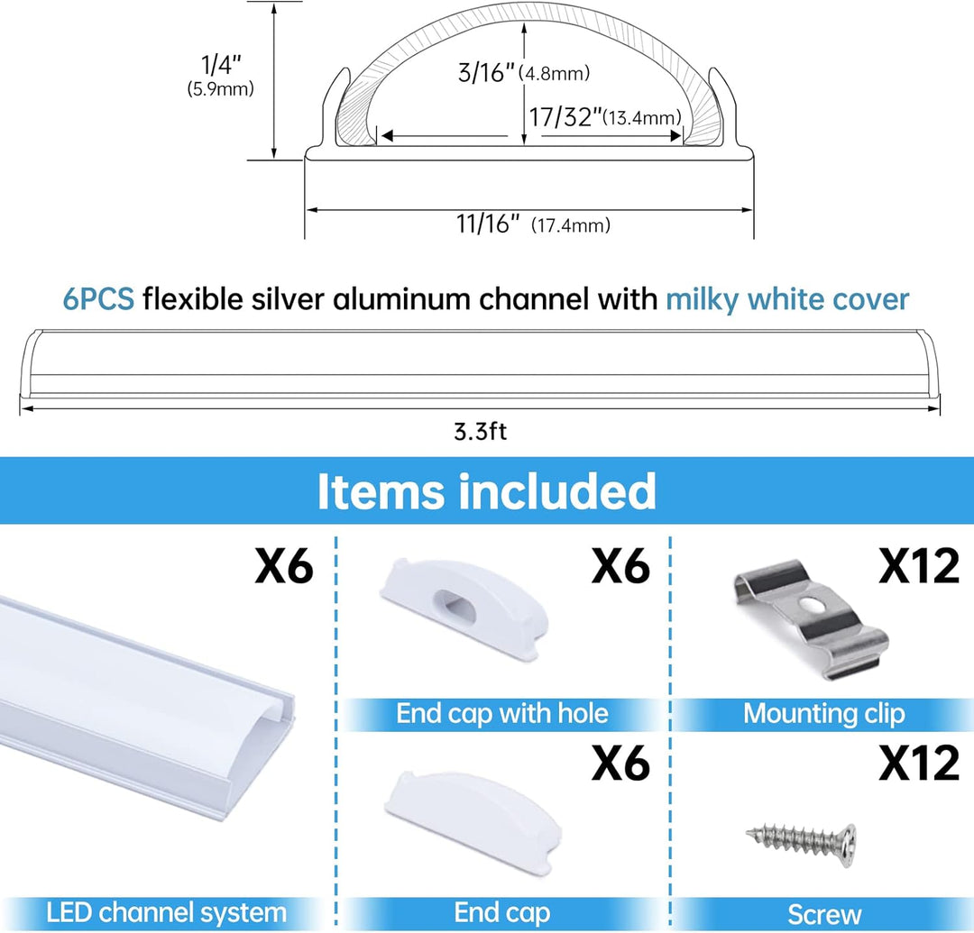 AC12 U-Shaped Rectangular Flexible Black and Silver Finish Aluminum Channel with Frosted Plastic Cover 3.3FT/1M For Max 12mm Width LED Strip Lights Pack of 6/10/20