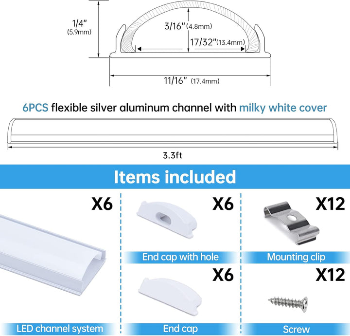 AC12 U-Shaped Rectangular Flexible Black and Silver Finish Aluminum Channel with Frosted Plastic Cover 3.3FT/1M For Max 12mm Width LED Strip Lights Pack of 6/10/20