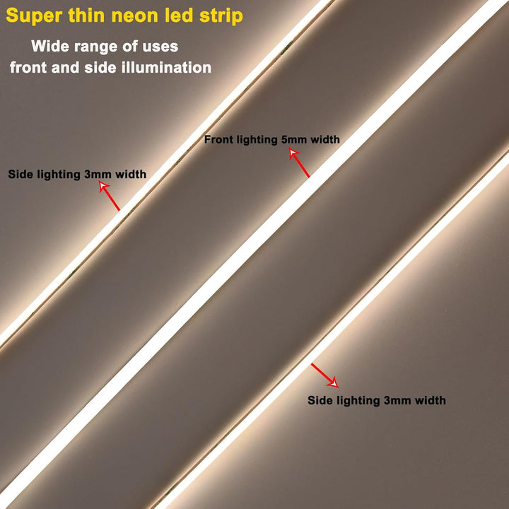 SLN13 Dotless Ultra Thin COB Neon LED Strip Light 1.46W/ft 5x3mm 3000K/4000K DC24V IP65 Outdoor Rated Dimmable Low Voltage Silicone Strip Light with Back Adhesive