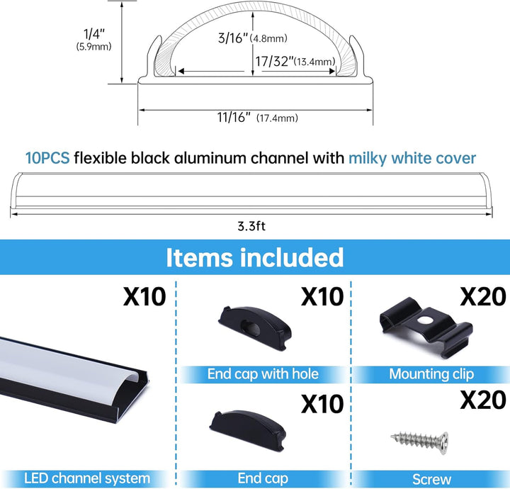 AC12 U-Shaped Rectangular Flexible Black and Silver Finish Aluminum Channel with Frosted Plastic Cover 3.3FT/1M For Max 12mm Width LED Strip Lights Pack of 6/10/20