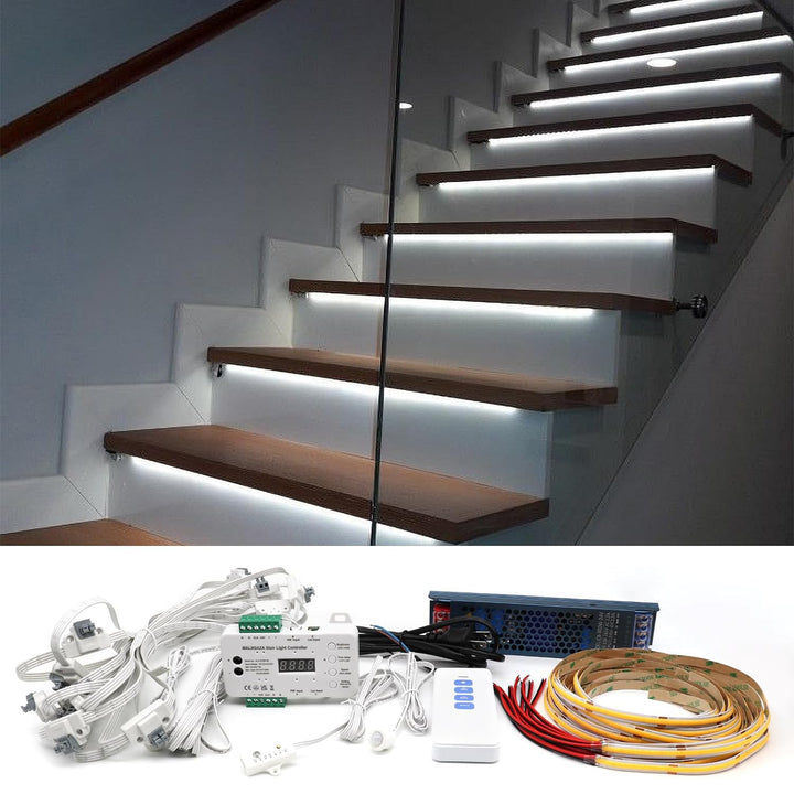 SLMS01 Intelligent Motion Sensor LED COB Strip Light Stair Light Kit 16 or 20 Stairs, Step by Step Control with Remote PIR & Light Sensor Control