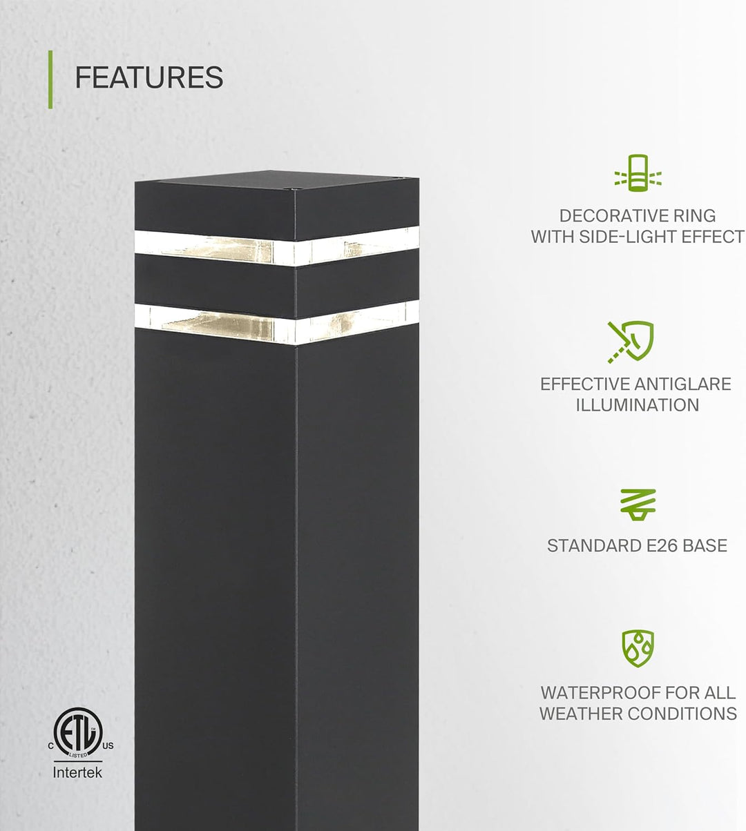 BPLA10 24" 120V Line Voltage E26 Socket Black Aluminum Square Bollard Path Light Outdoor Lighting