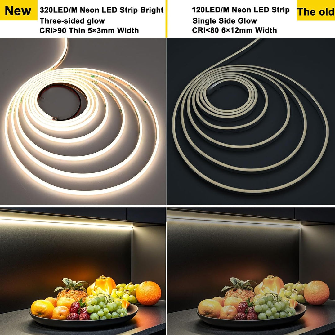 SLN13 Dotless Ultra Thin COB Neon LED Strip Light 1.46W/ft 5x3mm 3000K/4000K DC24V IP65 Outdoor Rated Dimmable Low Voltage Silicone Strip Light with Back Adhesive