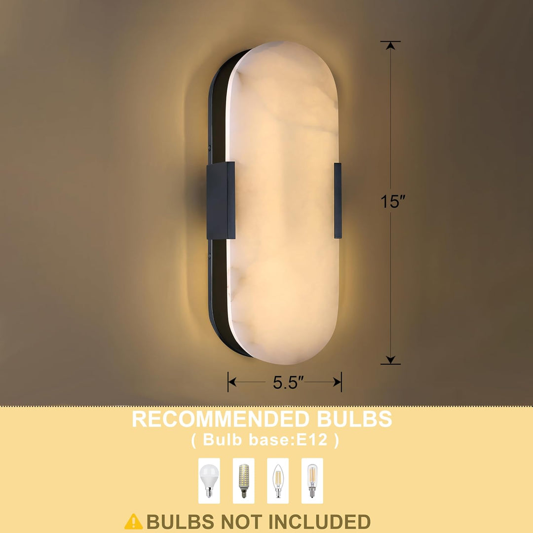 SCH12 Alabaster Marble 15" Indoor Wall Sconce Light Dimmable LED E12 Candelabra Base Socket Line Voltage 120V
