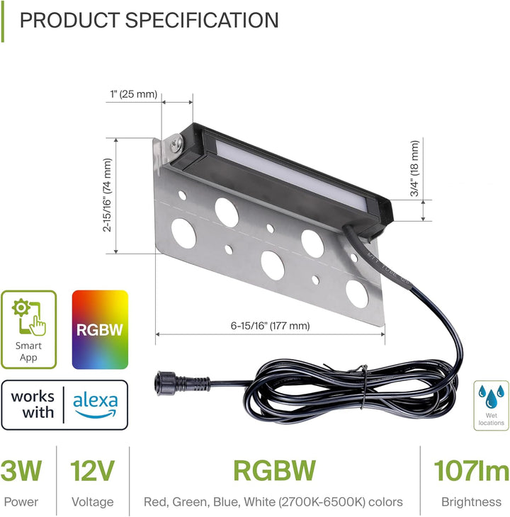 ELRA06 8-Pack 3W 7" Smart RGBCW Color Changing 2700K-6500K Waterproof LED Stairs, Fence, Hardscape Step Light Fixture Package