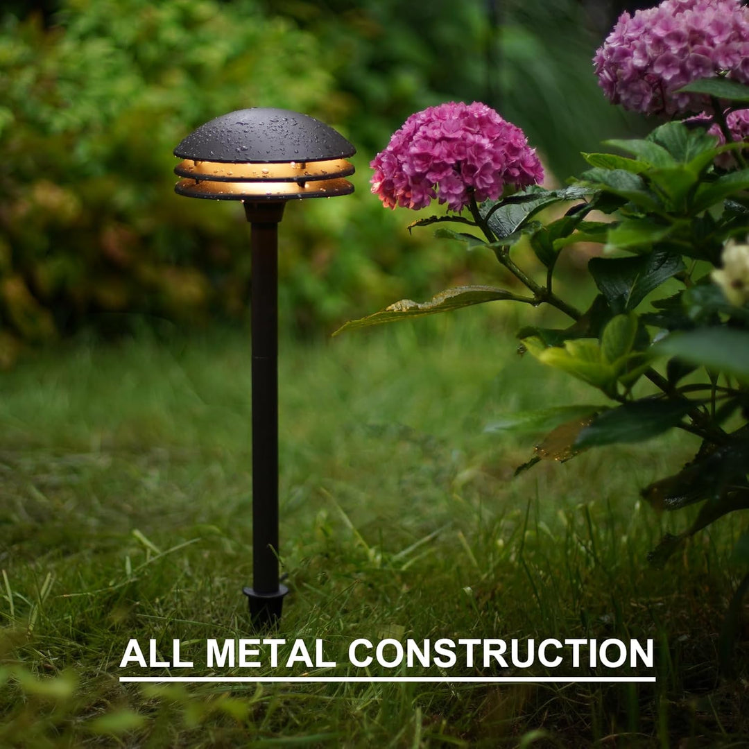 ALP72 2 and 8 Pack Integrated LED Landscape 3-Tier Pagoda Metal Pathway Lights Package, 3000K 4W 80 LM Low Voltage 12V AC Bronze Pagoda Outdoor Landscape Lighting