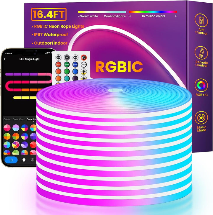 SLNR08 Dotless COB Smart Bluetooth RGB-IC Neon LED Strip Light DC24V IP67 Outdoor Rated Dimmable Low Voltage Silicone Strip Light with Mounting Clips, Screws, Power Adapter and Remote Control