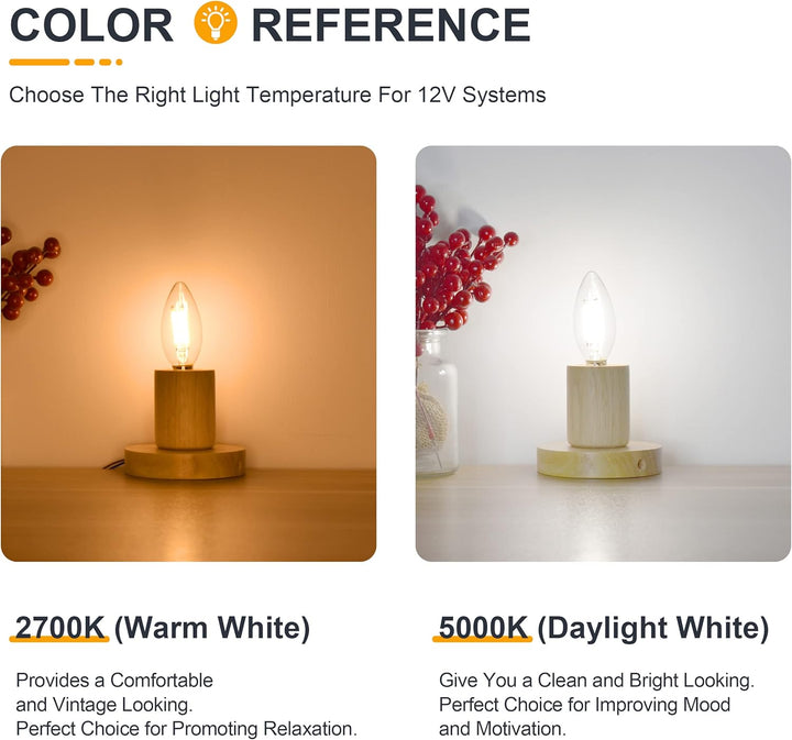 E12 4W Filament 12V AC/DC Candelabra and Small Base Package Low Voltage LED Light Bulbs Dimmable Energy Saving Light Bulb